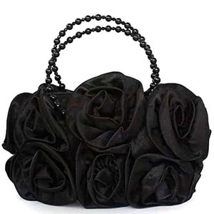 Women's Evening Black Rose Clutch, Prom Tote Beaded Hand Bag, formal